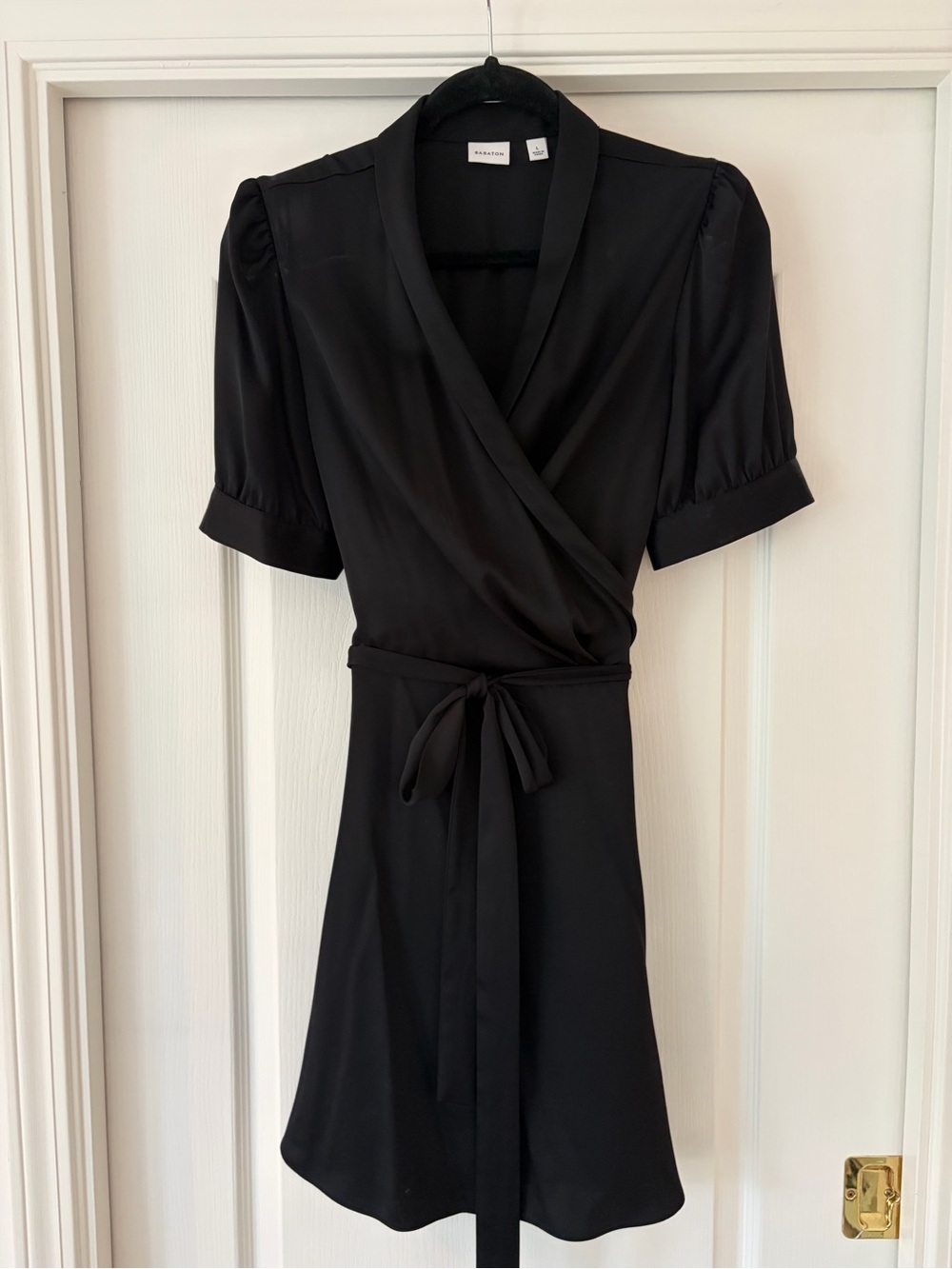 Babaton Black Wrap Dress with Puff Sleeves and Tie Waist